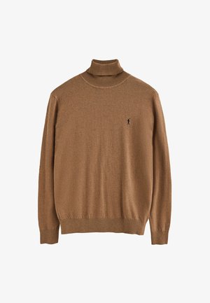 Brauner Rollkragenpullover aus weicher, strukturierter Stoff, mit schmaler Passform und einem kleinen schwarzen Logo auf der linken Brustseite.