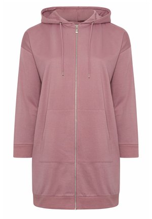 Langer mauvefarbener Kapuzenpullover mit Reißverschluss, Fronttaschen, Kordelzugkapuze sowie gerippten Bündchen und Saum.