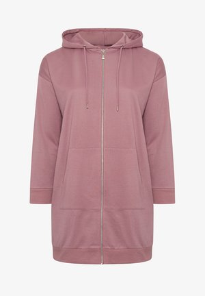 Sudadera con capucha larga color malva con cremallera, bolsillos delanteros, capucha con cordón y puños y dobladillo acanalados.