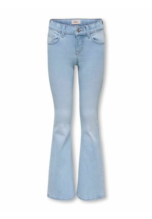 Lyseblå denimjeans med vide ben, frontlommer, beltehemper og knappefeste med merket "ONLY" på midjen.