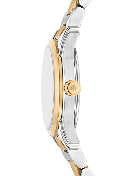 Vue latérale d’une montre-bracelet en métal bicolore argent et or avec un boîtier rond et une couronne dorée ornée d’un logo.