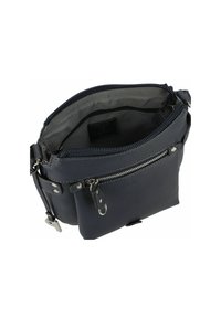 Navy Ledertasche für die Schulter mit mehreren Reißverschlussfächern, strukturierter Oberfläche, grauer Innenausstattung und verstellbarem Tragegurt.