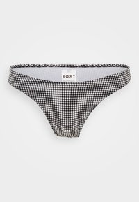 Bas de bikini vichy noir et blanc avec une taille basse et des côtés étroits. Il présente une étiquette en tissu avec le logo "ROXY" au dos.