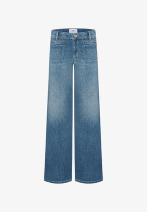 Blauwe wijde denim jeans met voorzakken, riemlussen en een knoopsluiting in de taille.
