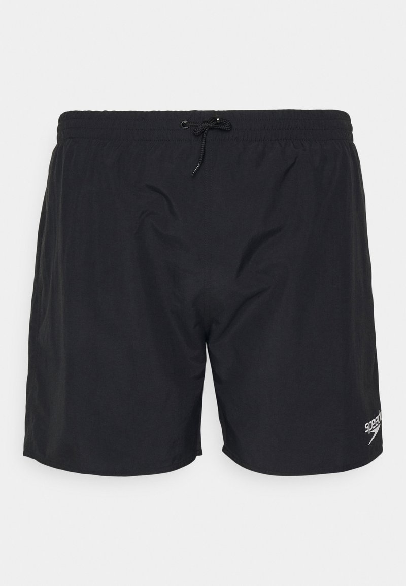 Svarta badshorts i lättviktsmaterial, med resårmidja och snörning samt en liten logotyp på nedre högra sidan.