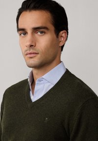 Mörkgrön, stickad v-ringad tröja som bärs över en ljusblå, randig skjorta med knappkrage. Subtil logotypdetalj på tröjan.