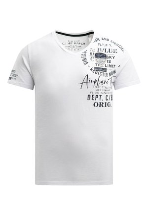 White cotton t-shirt with a v-neck, featuring black graphic text and patterns on the front and right sleeve, emphasizing aviation themes.