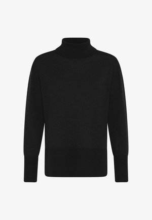 Black turtleneck sweater made of soft knit fabric. Features long sleeves, a high collar, and a relaxed fit. No visible patterns or accents.