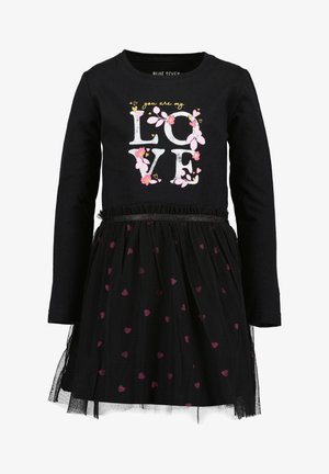 Robe noire à manches longues avec le texte « You are my LOVE » et des motifs floraux roses sur le haut, et une jupe en filet parsemée de cœurs roses.