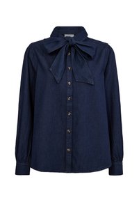Marineblauwe denim overhemd met een strik-kraag, lange mouwen, knoopsluiting aan de voorkant en gathering aan de manchetten. Vlotte textuur met een klassieke pasvorm.