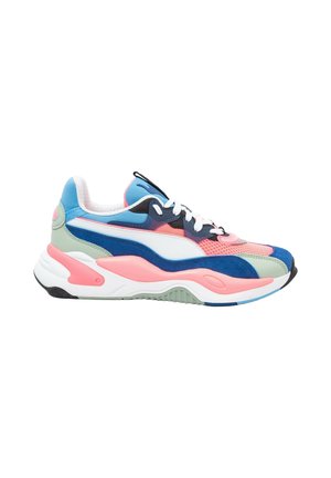 Multicolored athletic sneaker with pink, blue, white, and gray accents, white laces, and mesh upper, shown in side profile on a white background.