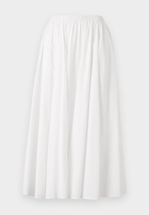 Saia branca até ao joelho, feita de tecido leve, com cintura elástica e um design ligeiramente evasé. As pregas acrescentam um toque de elegância.