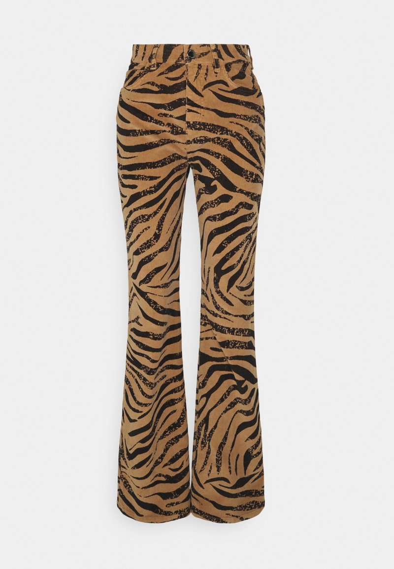 Braune Corduroy-Hose im Schlagstil mit einem schwarzen Tigerstreifenmuster. Das Design verfügt über eine taillierte Taille mit einem Knopfverschluss.