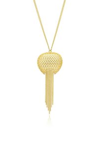 Collier pendentif en or présentant un dôme creux et texturé orné de motifs géométriques et d'une frange en chaîne cascade. Finement détaillé avec une surface réfléchissante.