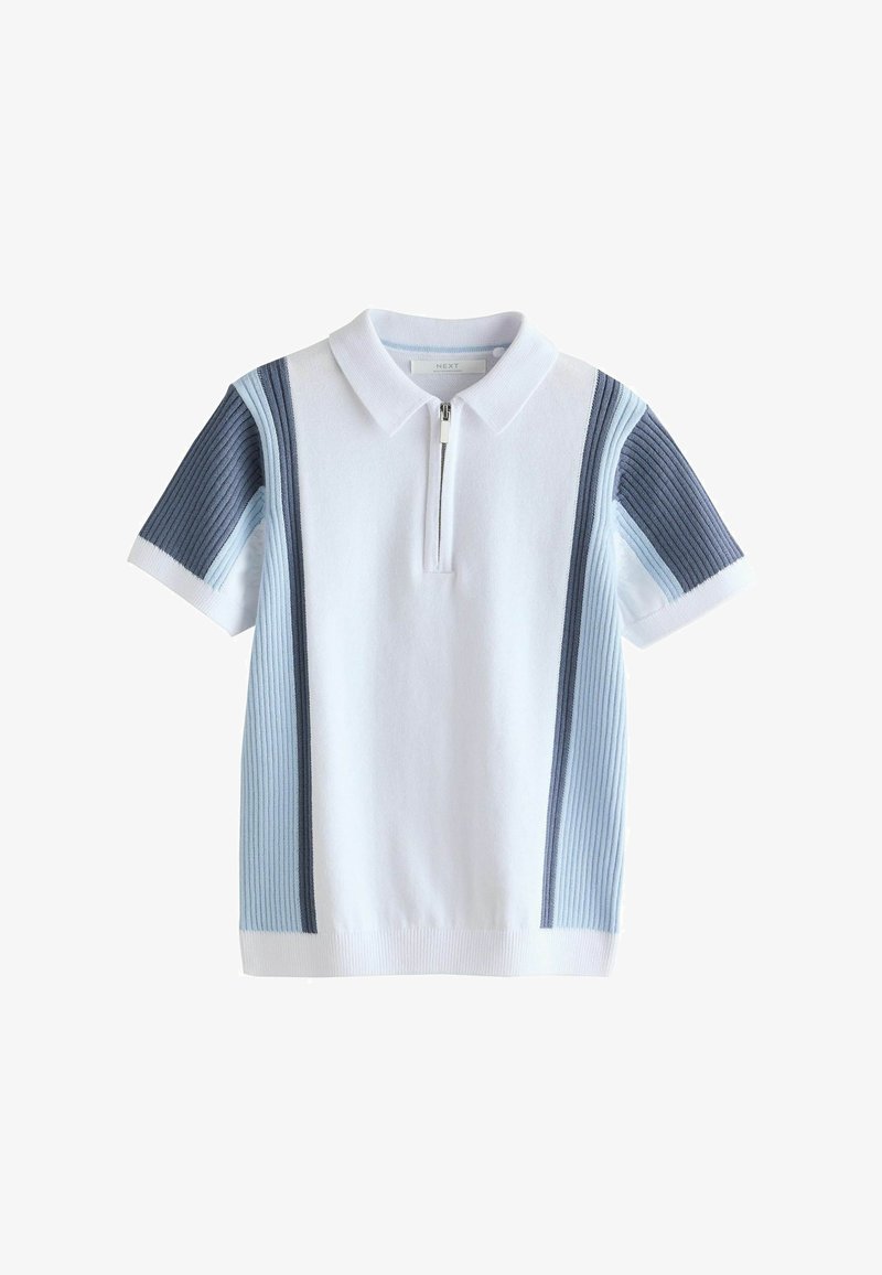 Gestricktes Poloshirt in Weiß mit vertikalen, gerippten blauen Akzenten. Mit kurzem Reißverschluss und klassischem Kragen.