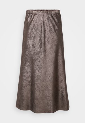 Jupe midi marron métallique, taille élastique, texture lisse, silhouette en A, surface subtilement réfléchissante avec un doux éclat.