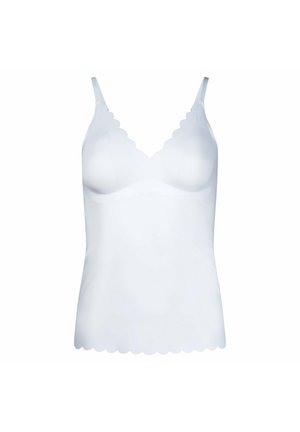 Witte naadloze top met geschulpte randen bij de halslijn en zoom, voorzien van dunne verstelbare schouderbandjes.