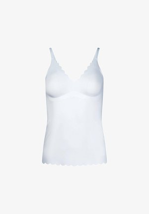 Camisola blanca sin costuras con bordes ondulados en el escote y el dobladillo, con tirantes delgados ajustables.