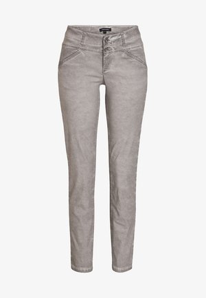 Hellgraue Hose mit geradem Bein, Vordertaschen und einem Reißverschluss mit doppeltem Knopfverschluss. Hergestellt aus einem weichen, strukturierten Stoff.