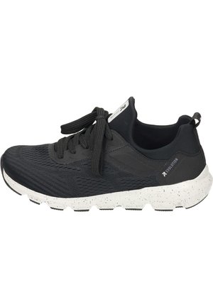 Black athletic shoe with a knit upper, round toe, and contrasting white speckled rubber sole. Features flat laces and a pull tab.