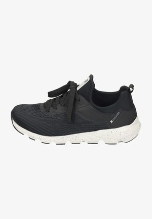 Black athletic shoe with a knit upper, round toe, and contrasting white speckled rubber sole. Features flat laces and a pull tab.