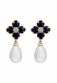 Gold-tone earrings featuring a navy blue flower design with a central crystal and a dangling white teardrop pearl.
