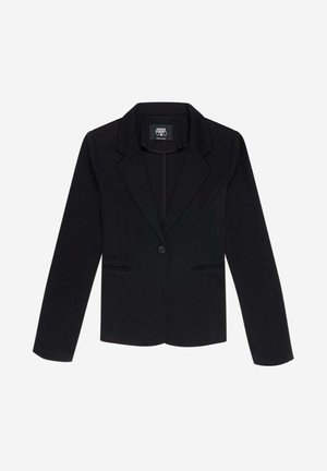 Zwarte blazer met een getailleerd ontwerp, enkele knoopsluiting en twee voorkeurszakken. Beschikt over gesneden revers en op maat gemaakte lange mouwen.