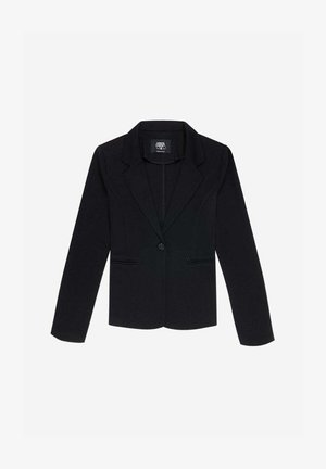 Blazer nero con un design aderente, chiusura a un bottone e due tasche frontali. Presenta rever a punta e maniche lunghe su misura.