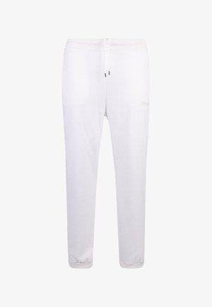 Pantaloni sudore bianchi realizzati in cotone misto, presentano un elastico in vita con cordino, orli a costina e una discreta logo laterale.