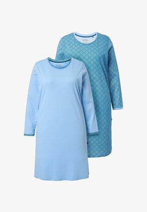 To langærmede kjoler: en ensfarvet lyseblå med en rund halsudskæring og en anden i blå med et geometrisk mønster. Begge har en løs pasform.