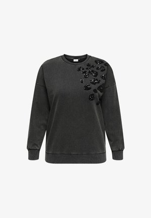 Temno siva pulover s krožnim ovratnikom, dolgimi rokavi in teksturiranim motivom leopardjega printa iz bleščic na zgornji desni strani.