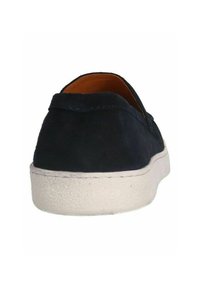 Navy suede slip-on shoe with a white textured rubber sole. Features a smooth upper and a simple stitched seam along the back.