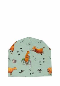 Vihreä pipo leikkisillä lehmäkuvioilla, pyörällä ja eläinten jalanjًاjillä. Sileä kangas; saumaton muotoilu; sisältää merkkitaggin.