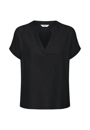 Zwarte blouse met korte mouwen, V-hals en een losse pasvorm, gemaakt van lichtgewicht stof.