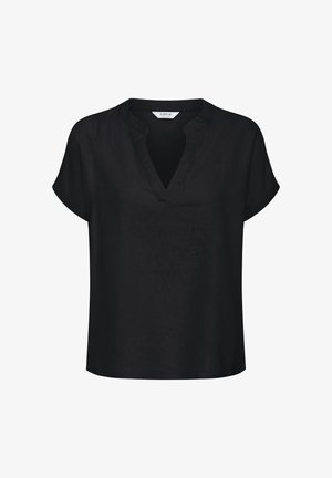 Zwarte blouse met korte mouwen, V-hals en een losse pasvorm, gemaakt van lichtgewicht stof.