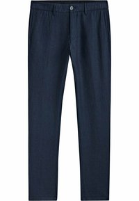 Mörkblå byxor i lätt tyg, med enfaldig framsida, standard midja, två sidofickor och en knappstängning.