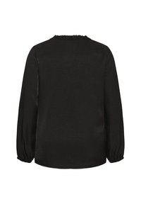 Maglia nera a maniche lunghe con scollatura arricciata e polsini elasticizzati. Realizzata in tessuto leggero, presenta un design della schiena semplice.