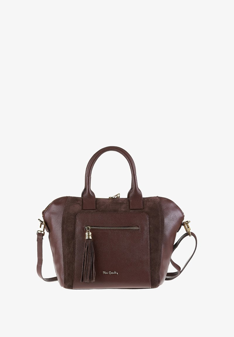 Braune Leder- und Wildlederhandtasche mit zwei oberen Griffen, abnehmbarem Schultergurt, vorderer Reißverschlusstasche mit Quaste und goldfarbener Beschläge.
