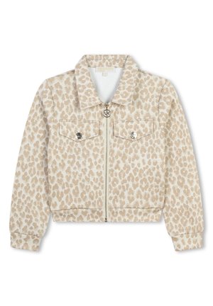 Veste beige et blanche à imprimé léopard avec manches longues, fermeture éclair à l'avant et deux poches poitrine boutonnées.
