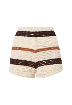 Πλεκτά σορτς με βελονάκι σε κρεμ βάση και οριζόντιες καφέ και σκουριασμένες ρίγες, με ψηλή μέση και υφασμένο μοτίβο.