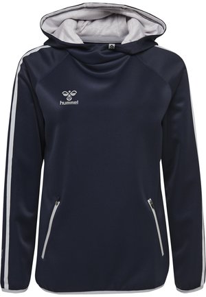 Marineblauwe hoodie met lichtgrijze voering. Heeft lange mouwen, twee met rits afsluitbare zijzakken en witte zijstrepen. Hummel-logo weergegeven.
