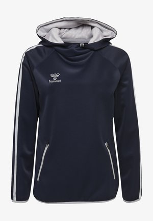 Marineblaue Kapuzensweatshirtjacke mit hellgrauem Futter. Mit langen Ärmeln, zwei mit Reißverschluss versehenen Seitentaschen und weißen Seitenstreifen. Hummel-Logo angebracht.