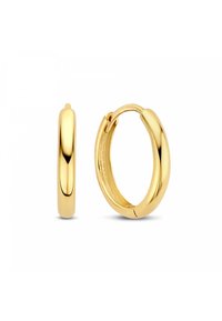 Goldene Creolen mit poliertem Finish, runder Form und glatter Oberfläche. Mit einer Scharnierverschluss für sicheren Halt.