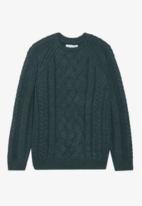 Maglione lavorato a maglia di colore verde scuro, con motivi a treccia, collo girocollo a coste e dettagli testurizzati, con una vestibilità comoda.