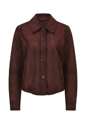 Dunkelbraune Wildlederjacke mit langen Ärmeln, Knopfleiste vorne und spitzem Kragen.