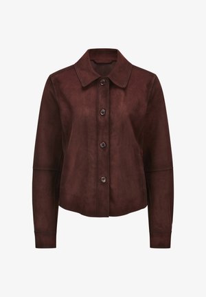 Dunkelbraune Wildlederjacke mit langen Ärmeln, Knopfleiste vorne und spitzem Kragen.
