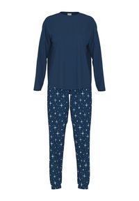Mørkeblå pyjamassæt med en langærmet top og mønstrede bukser, der har hvide stjerneaccentuer på en mørkeblå baggrund. Blandingsstof af bomuld.