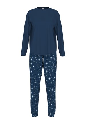Set di pigiama blu navy composto da una maglietta a maniche lunghe e pantaloni a fantasia con dettagli bianchi a forma di stella su uno sfondo blu scuro. Tessuto misto cotone.