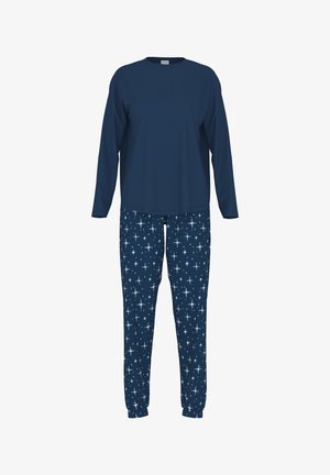 Granatowy zestaw piżamowy składający się z bluzki z długim rękawem oraz spodni w wzory z białymi gwiazdami na ciemnoniebieskim tle. Wykonany z mieszanki bawełny.