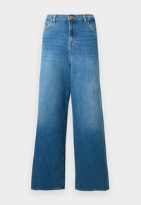 Blugi evazați albaștri, realizați din denim. Au talie înaltă cu găici pentru curea și fermoar frontal. Textură decolorată cu detalii subtile de uzură.